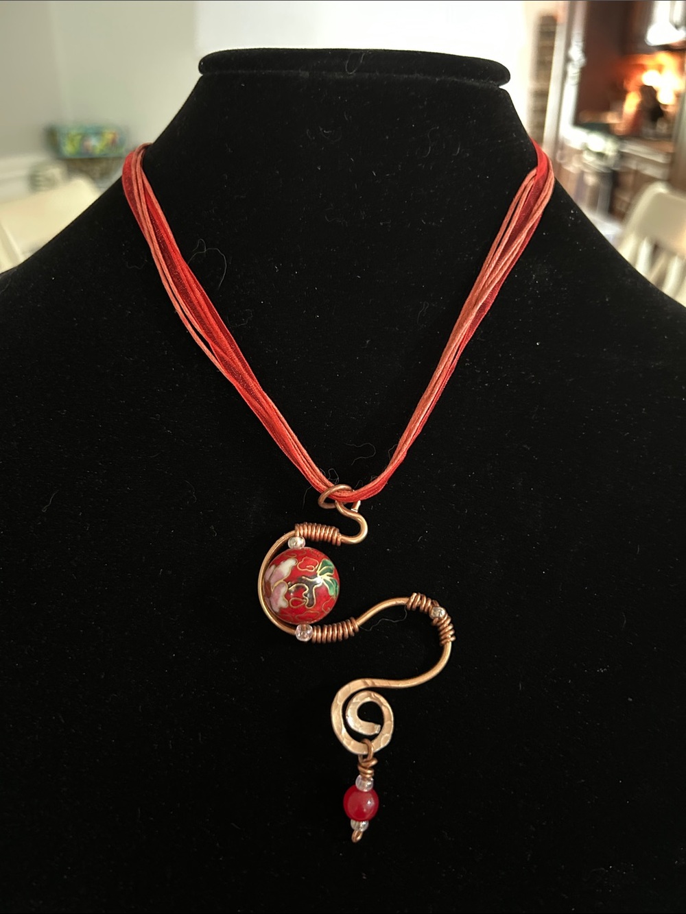 Red Cloisonné Bead Copper Wire Pendant Necklace